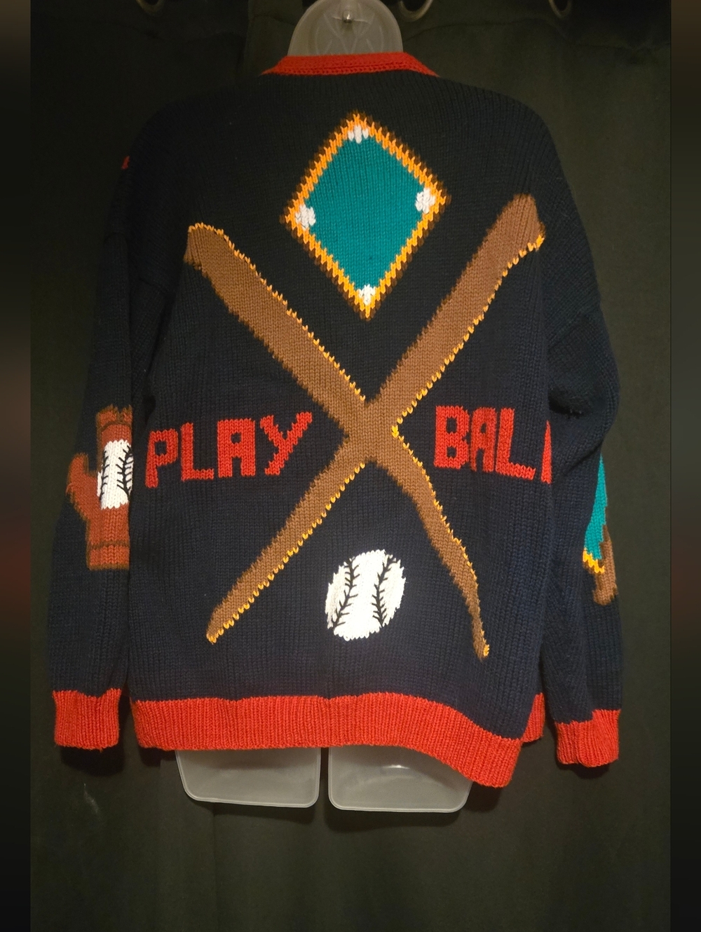 Vintage Accento Hand Knit Peru Baseball Cardigan Sweater — "Play Ball" — Size M